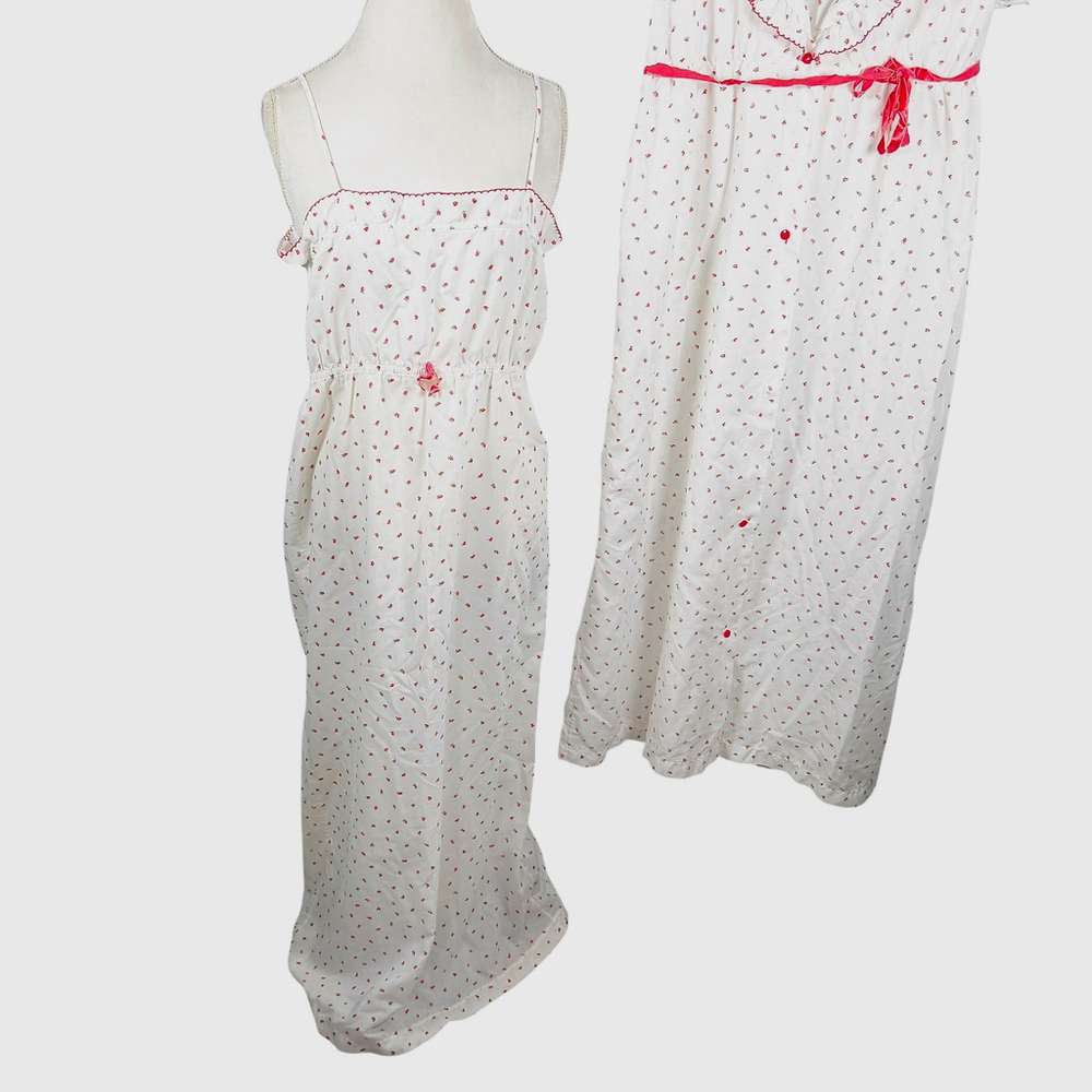 Vintage Strawberry Print Nightgown Robe Set Peignoir Pink White Cottage Size S - Picture 5 of 14